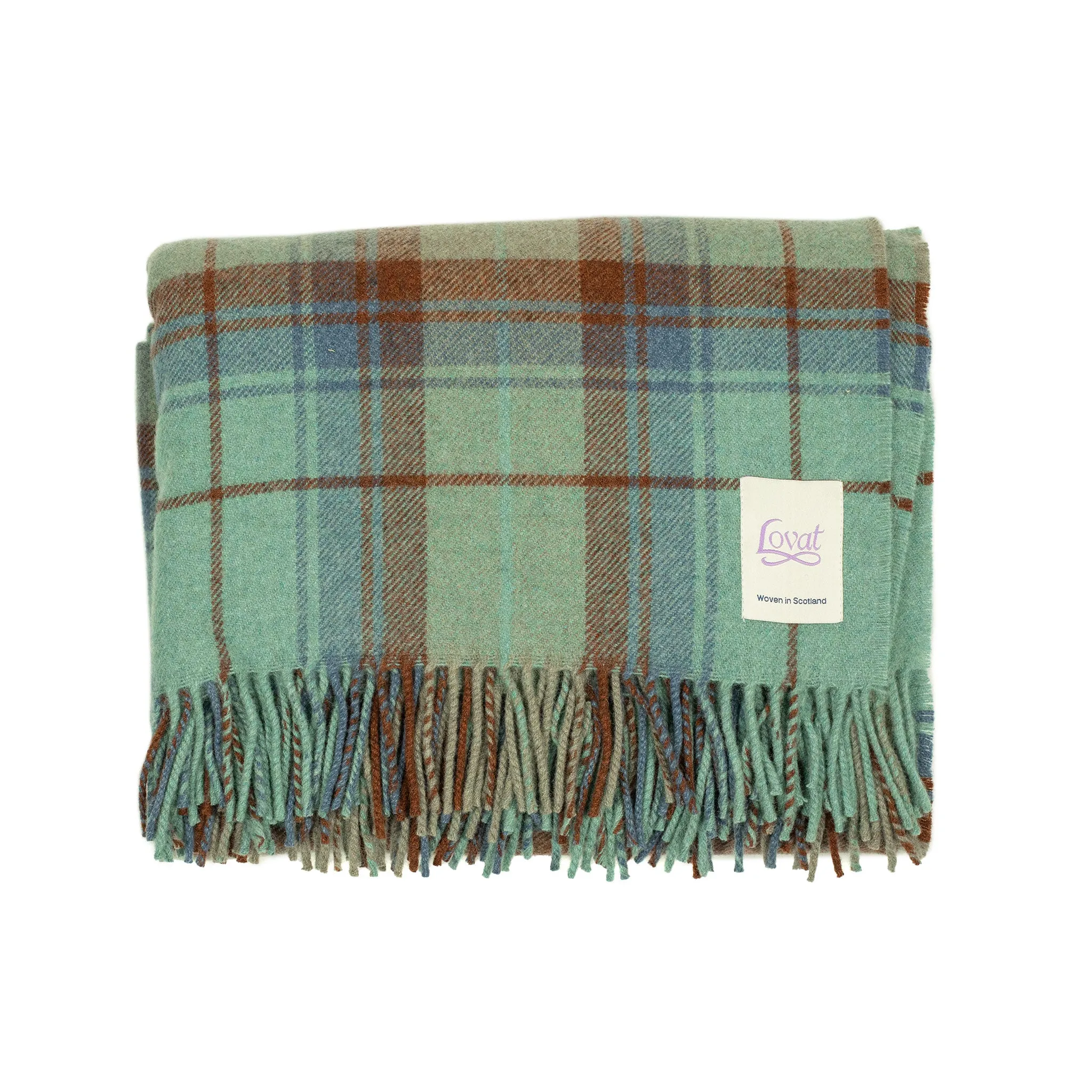 Pastel Plaid throw blanket in seafoam green and dark copper lambswool