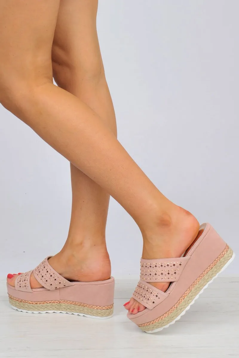 Pink Diamante Double Strap Flatform Sandals - Thang