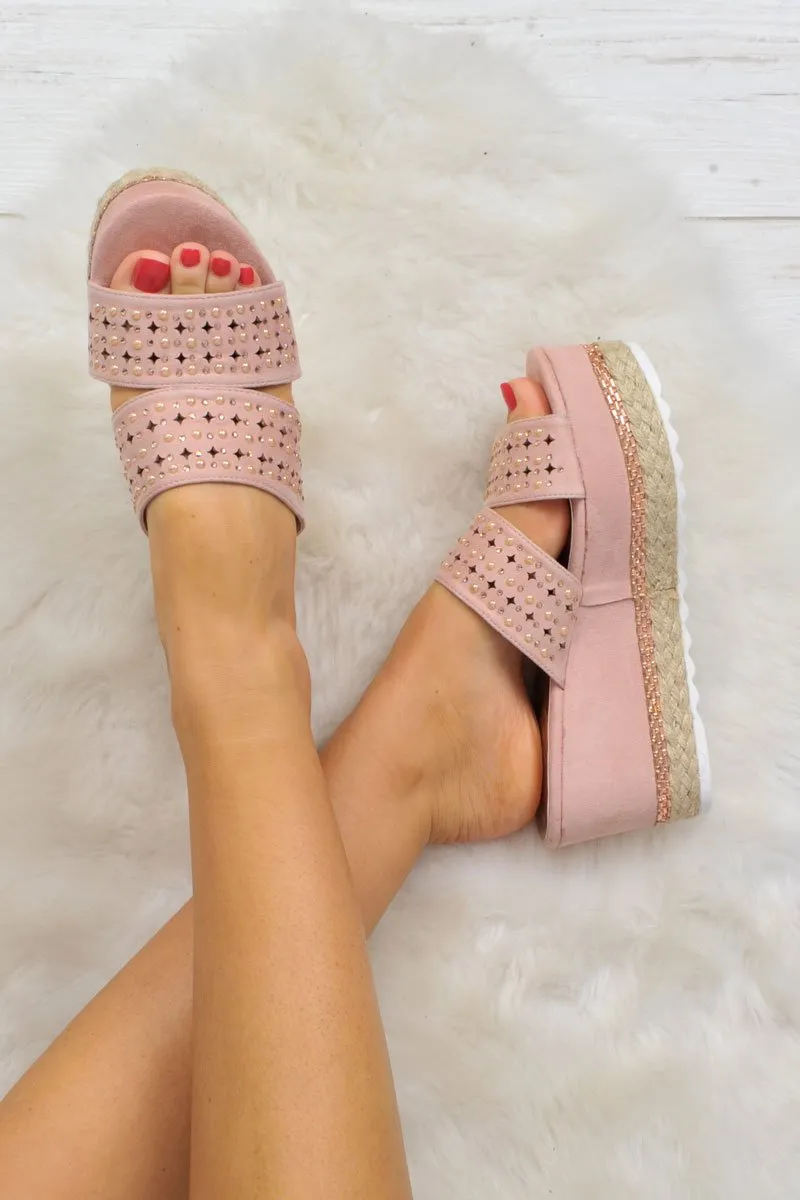 Pink Diamante Double Strap Flatform Sandals - Thang