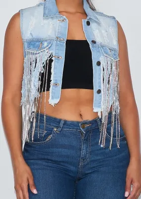 Ravix Rhinestone Distressed Cropped Denim Jacket