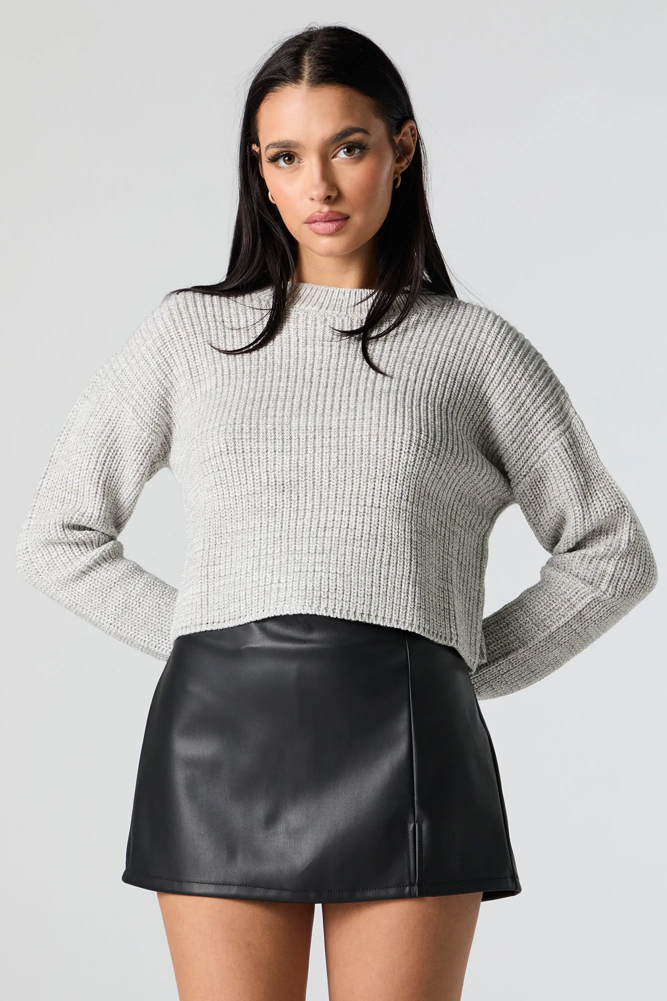 Ribbed Knit Crewneck Skimmer Sweater