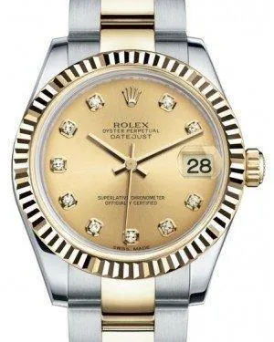 Rolex Datejust 31 Lady Midsize Yellow Gold/Steel Champagne Diamond Dial & Fluted Bezel Oyster Bracelet 178273