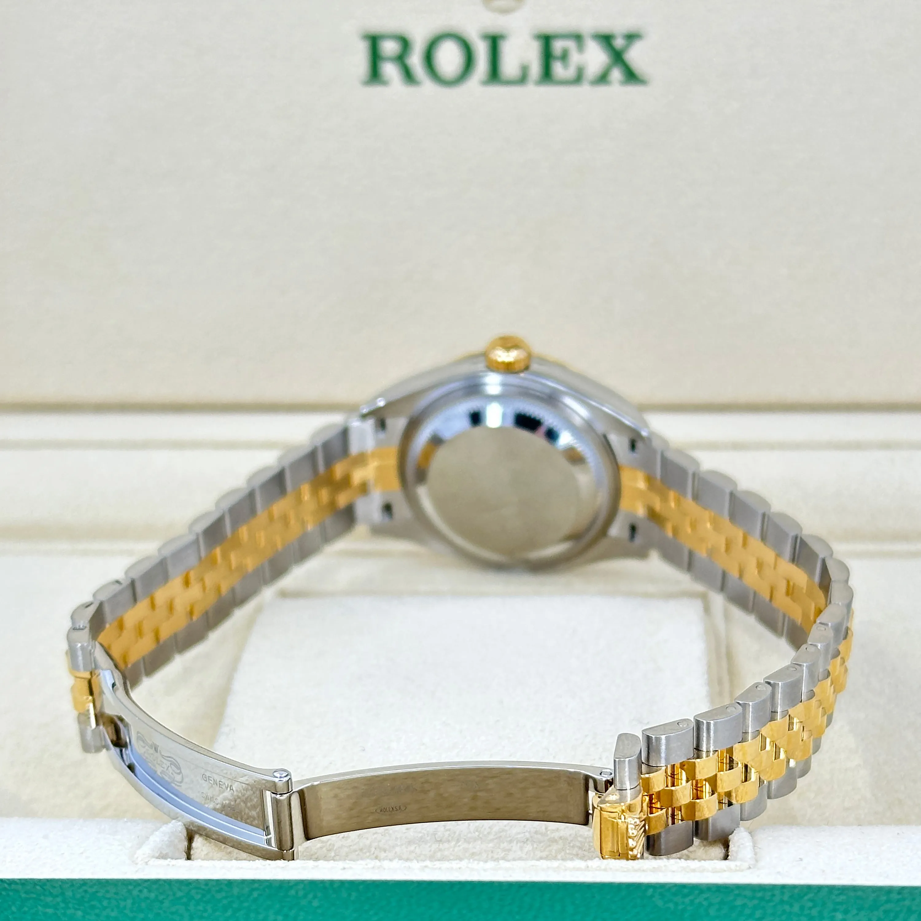 Rolex Lady Datejust 28, Oystersteel and 18k Yellow Gold, 28 mm, Champagne, Fluted, Jubilee, Ref# 279173-0001