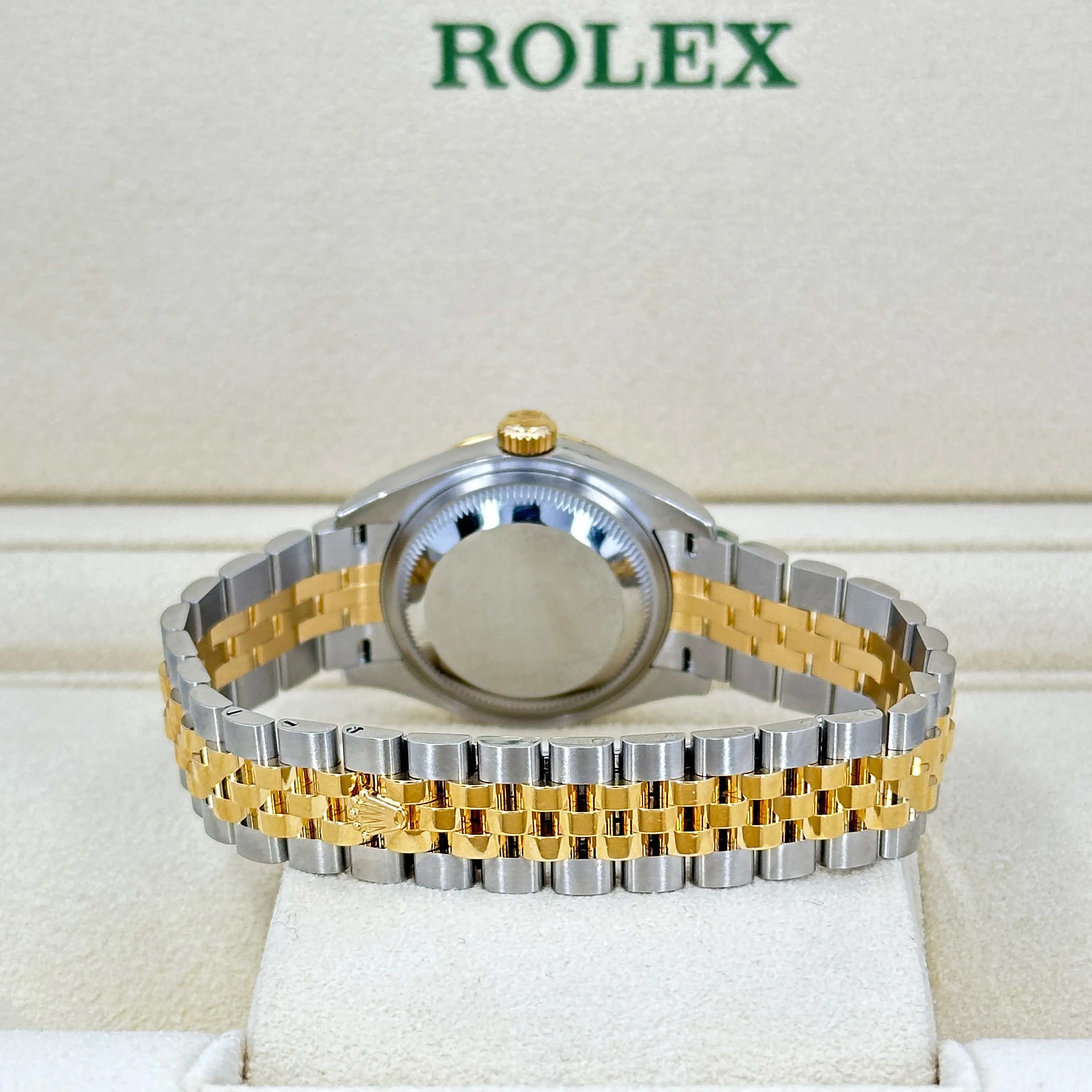 Rolex Lady Datejust 28, Oystersteel and 18k Yellow Gold, 28 mm, Champagne, Fluted, Jubilee, Ref# 279173-0001