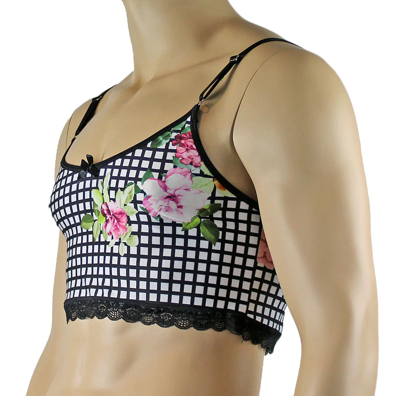 SALE - Mens Diana Camisole Top in a Pretty Flower Checkered Print Spandex