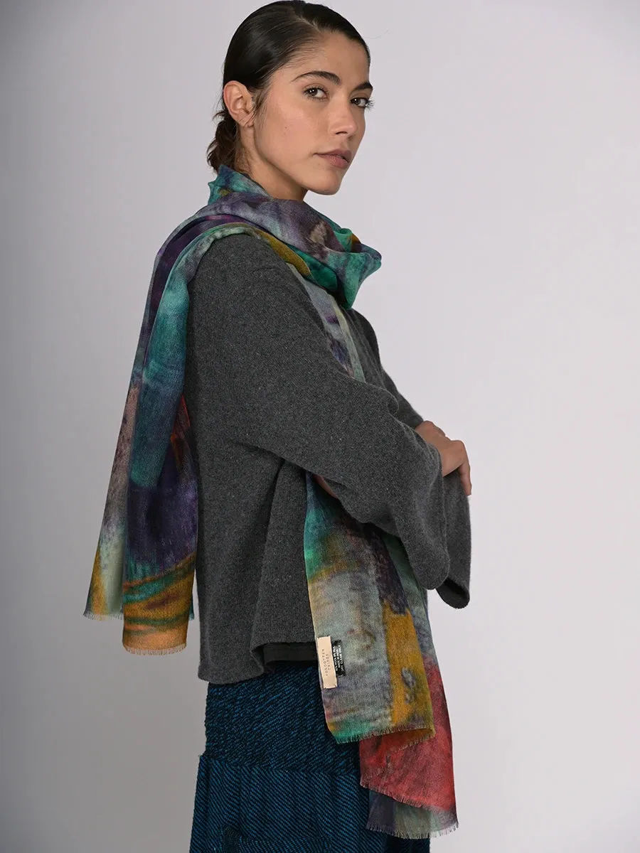 Silk Fine Wool Blend Print Scarf - Water Colour