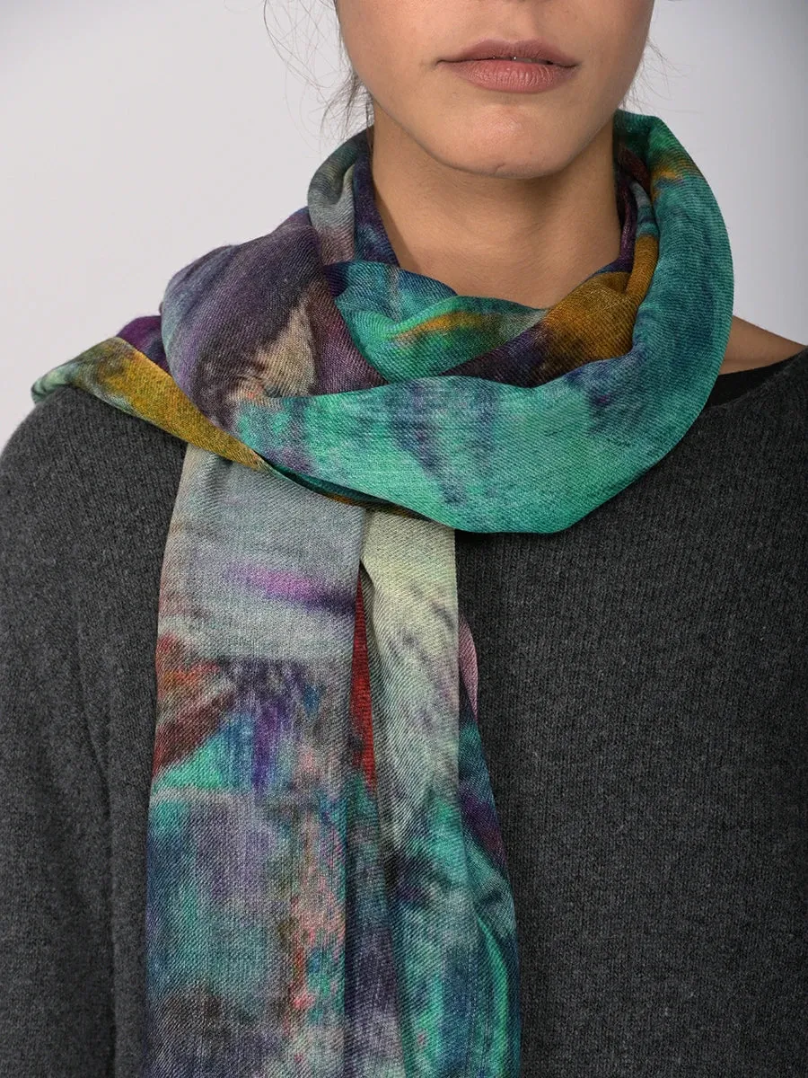 Silk Fine Wool Blend Print Scarf - Water Colour