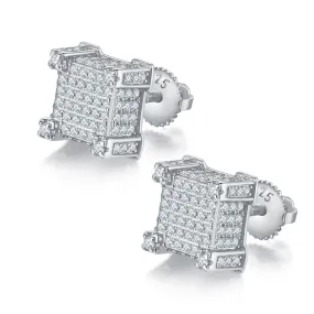 Square Checkered Pattern S925 Silver Screw Back Stud Moissanite Earrings