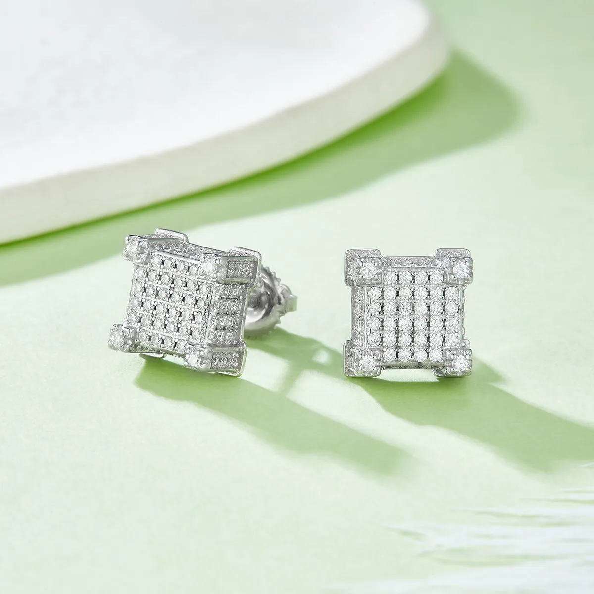 Square Checkered Pattern S925 Silver Screw Back Stud Moissanite Earrings