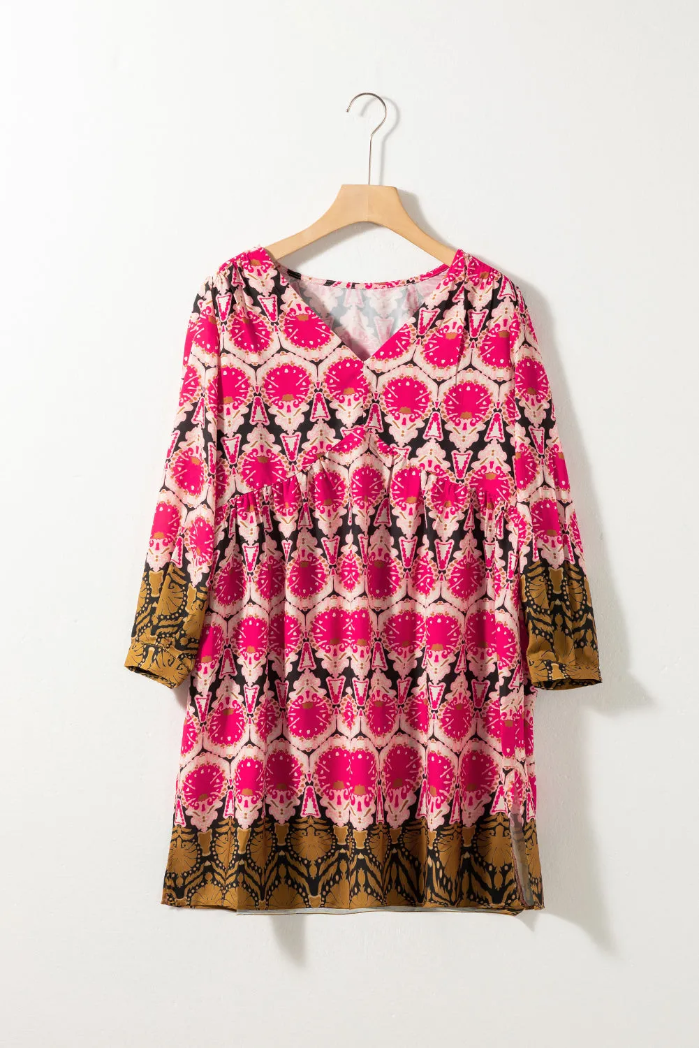 Strawberry Pink Retro Printed V Neck Bracelet Sleeve Dress