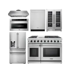 Thor Kitchen Appliance Package - 48 in. Gas Range, Range Hood, Refrigerator with Water and Ice Dispenser, Dishwasher, Wine Cooler, Microwave, AP-LRG4807U-14