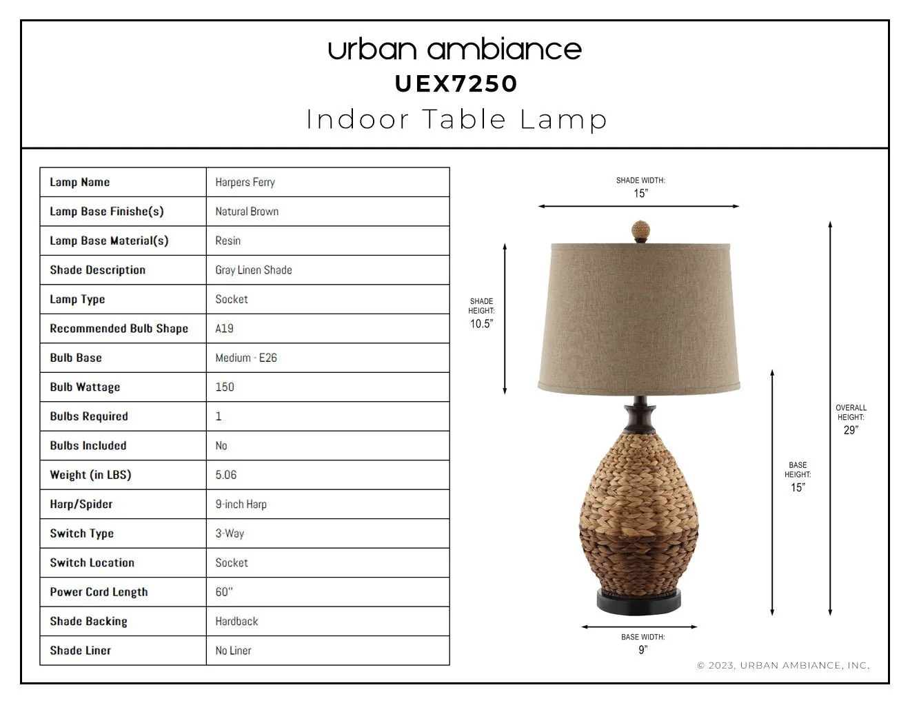 UEX7250 Rustic Table Lamp 15''W x 15''D x 29''H, Natural Brown Finish, Harpers Ferry Collection