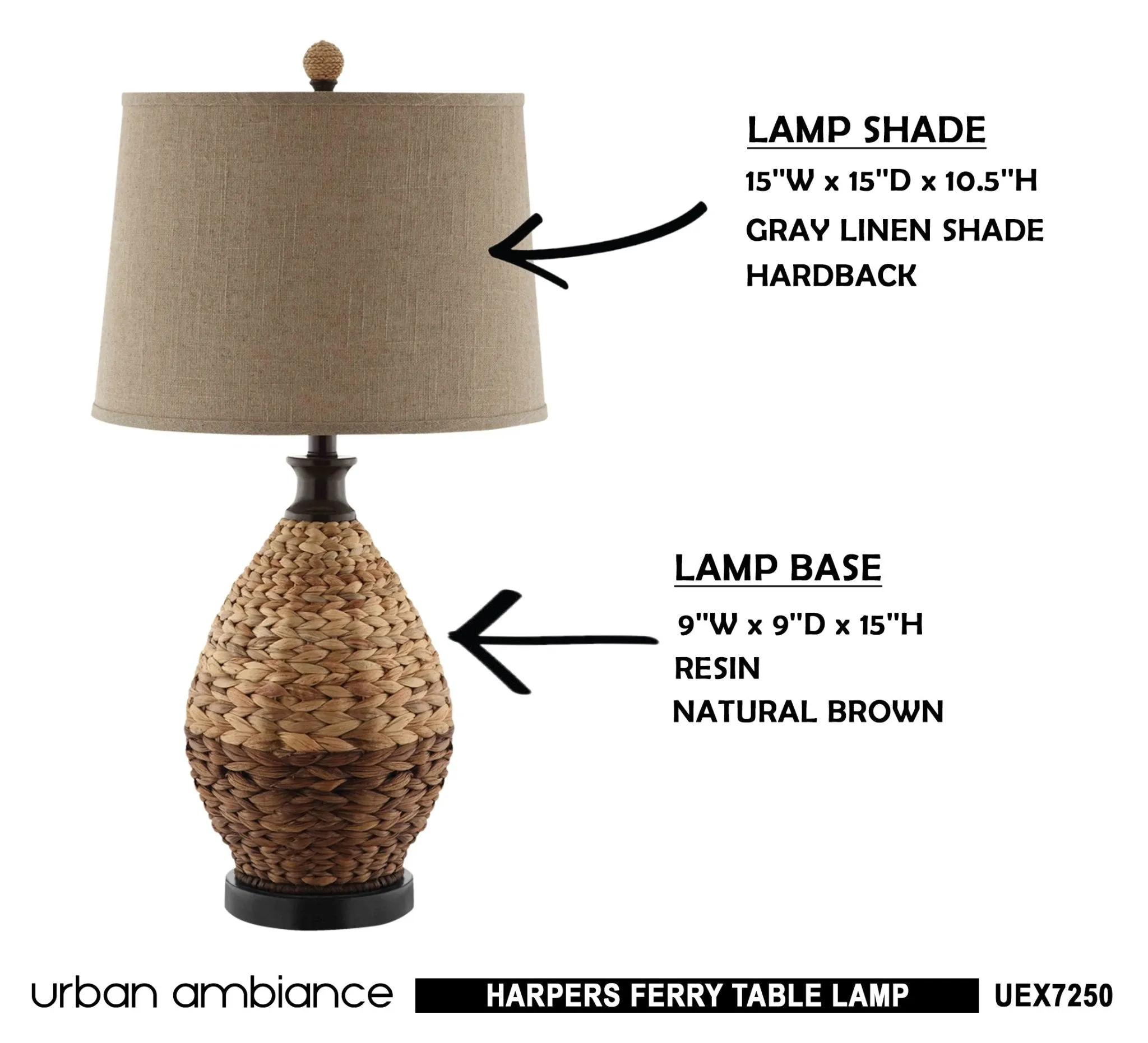 UEX7250 Rustic Table Lamp 15''W x 15''D x 29''H, Natural Brown Finish, Harpers Ferry Collection