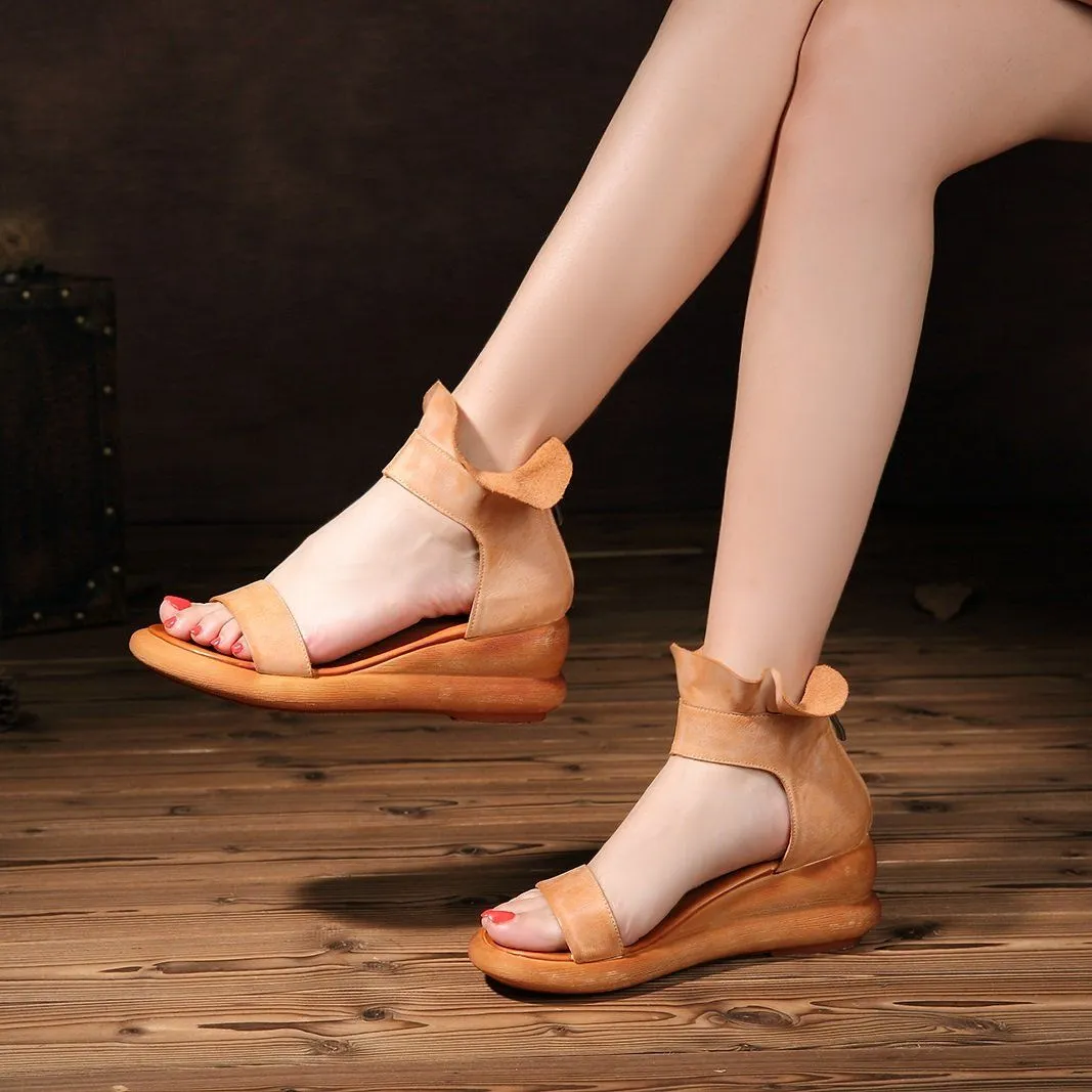 Wedge Sandals Soft Full Grain Leather Wrap Ankle Zip Up Summer Sandals