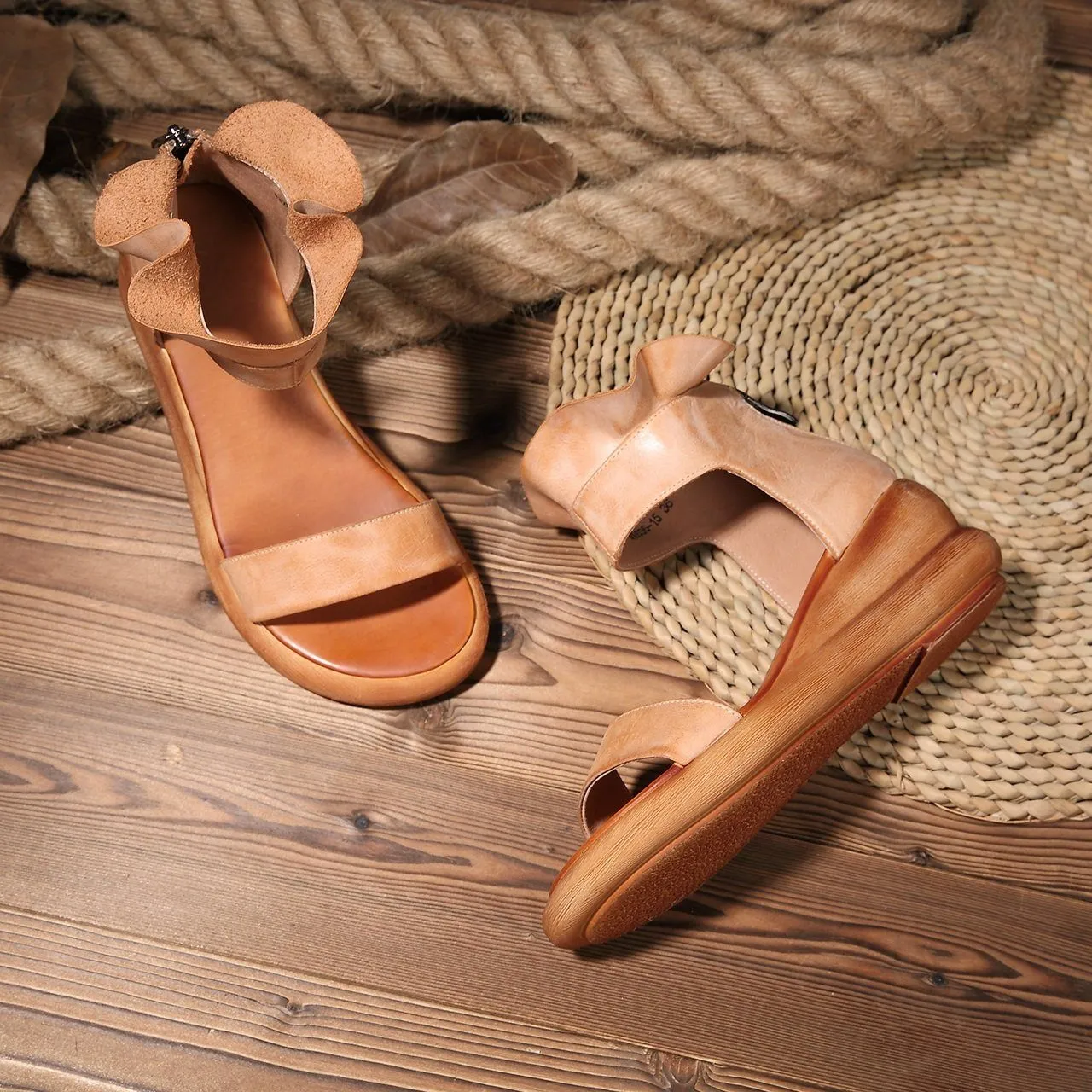 Wedge Sandals Soft Full Grain Leather Wrap Ankle Zip Up Summer Sandals