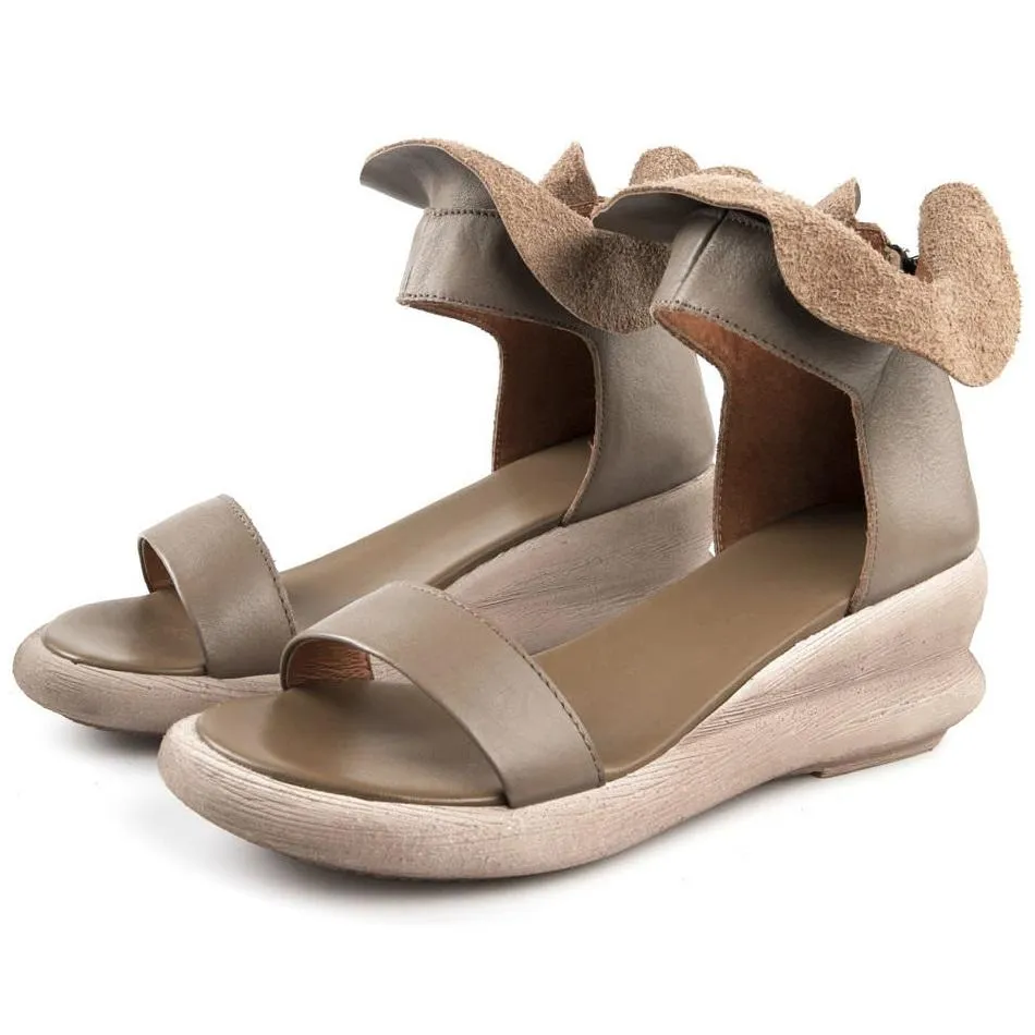 Wedge Sandals Soft Full Grain Leather Wrap Ankle Zip Up Summer Sandals