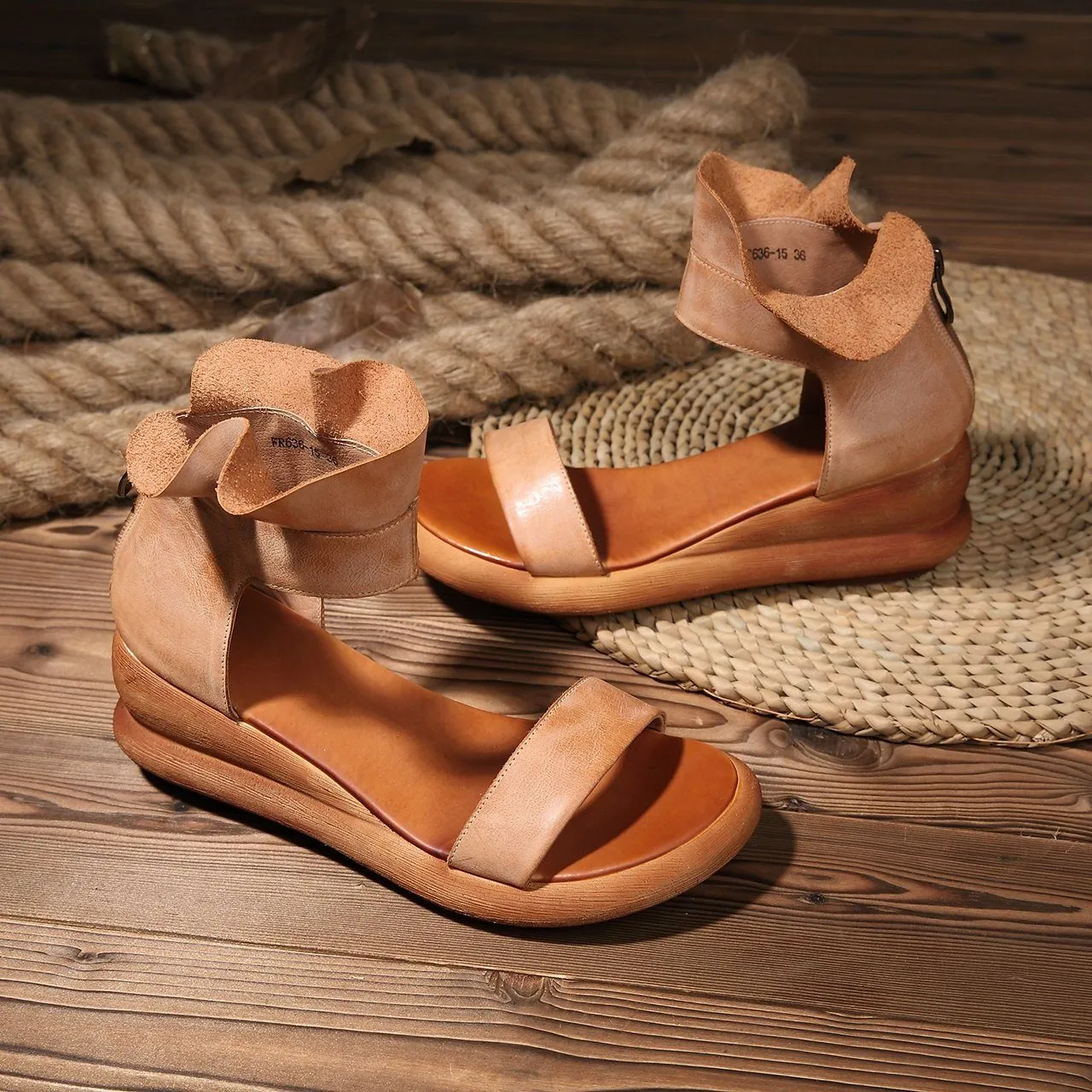 Wedge Sandals Soft Full Grain Leather Wrap Ankle Zip Up Summer Sandals